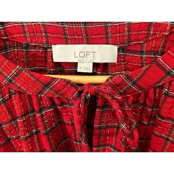 Loft Women's Red Plaid Button-Down Drawstring Blouse Size XL Peplum Christmas - Picture 4 of 6